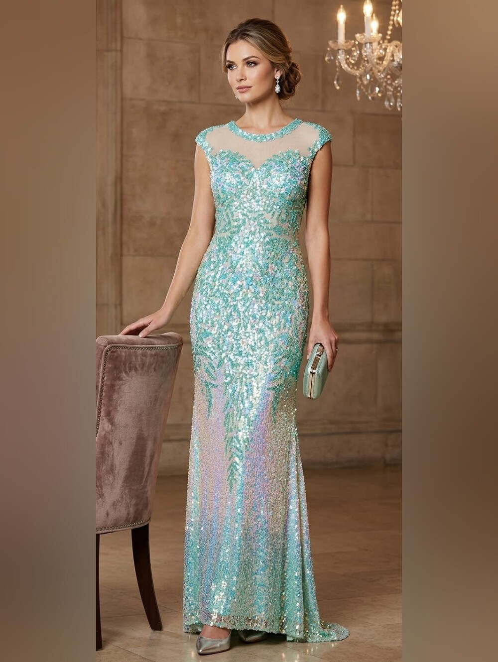 Primavera Couture Mint Sequin Long-Sleeve Illusion Gown